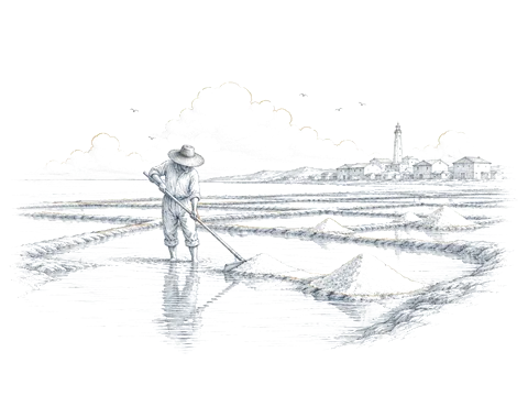 Ilustração de um salineiro a trabalhar nas salinas da Figueira