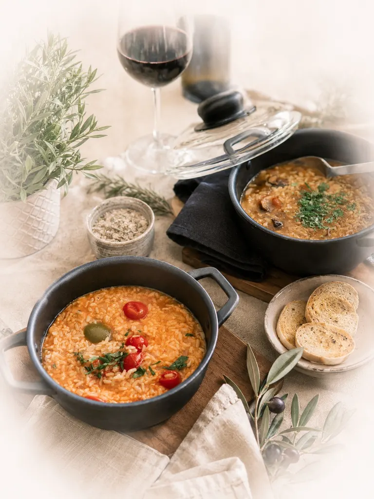 Composição de acompanhamentos sobre mesa clara: arroz de tomate com azeitona na panela de ferro, arroz malandrinho noutra panela, pão torrado e vinho tinto