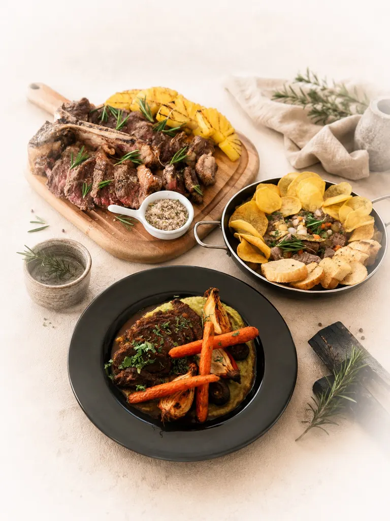 Composição de carnes sobre mesa clara: T-bone fatiado na tábua com ananás grelhado e flor de sal, tiras de carne com batata frita e pão torrado, e prato de carne estufada sobre puré com cenoura e cebola assadas