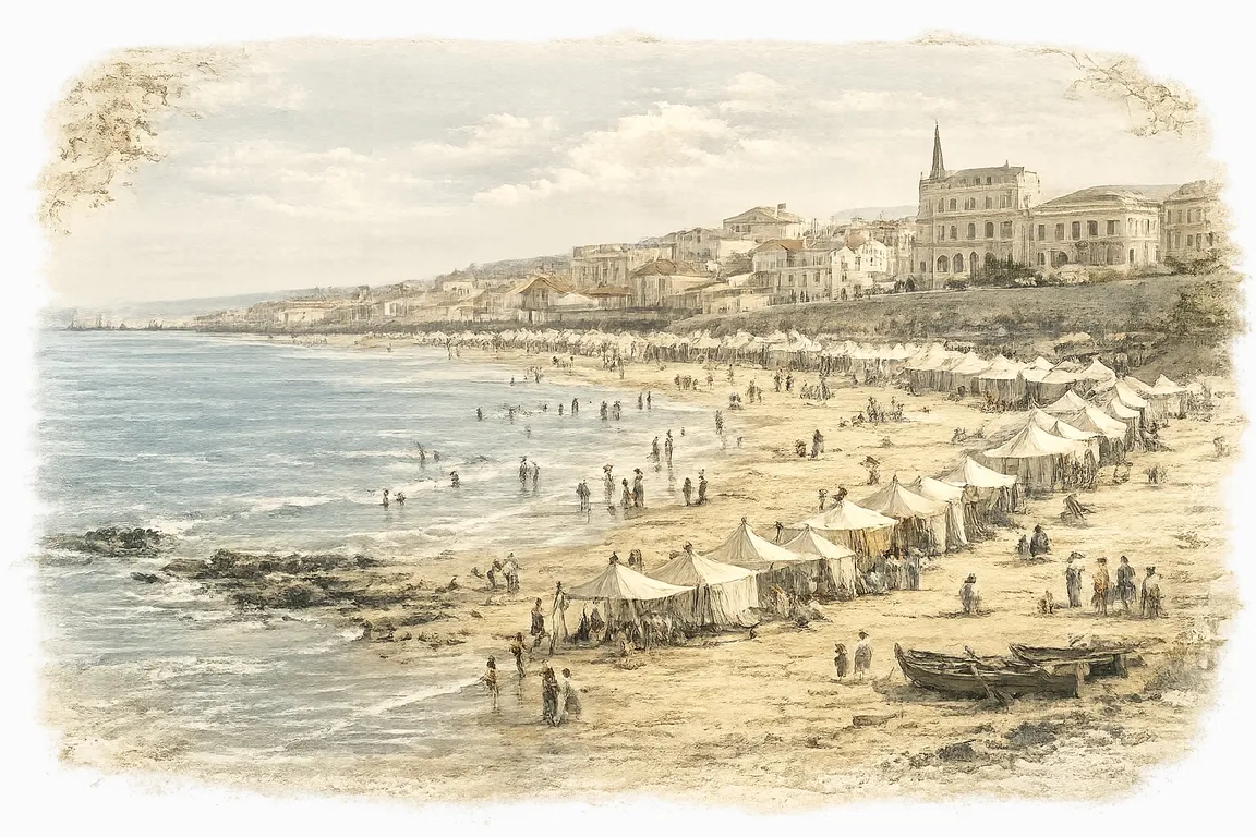 Ilustração de época da praia da Figueira da Foz: o areal com barracas, banhistas e barcos, e a vila na encosta sobre o mar