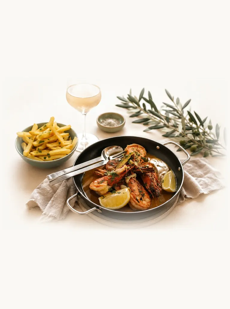 Gambas salteadas na frigideira com limão, batatas fritas e vinho branco, sobre mesa clara