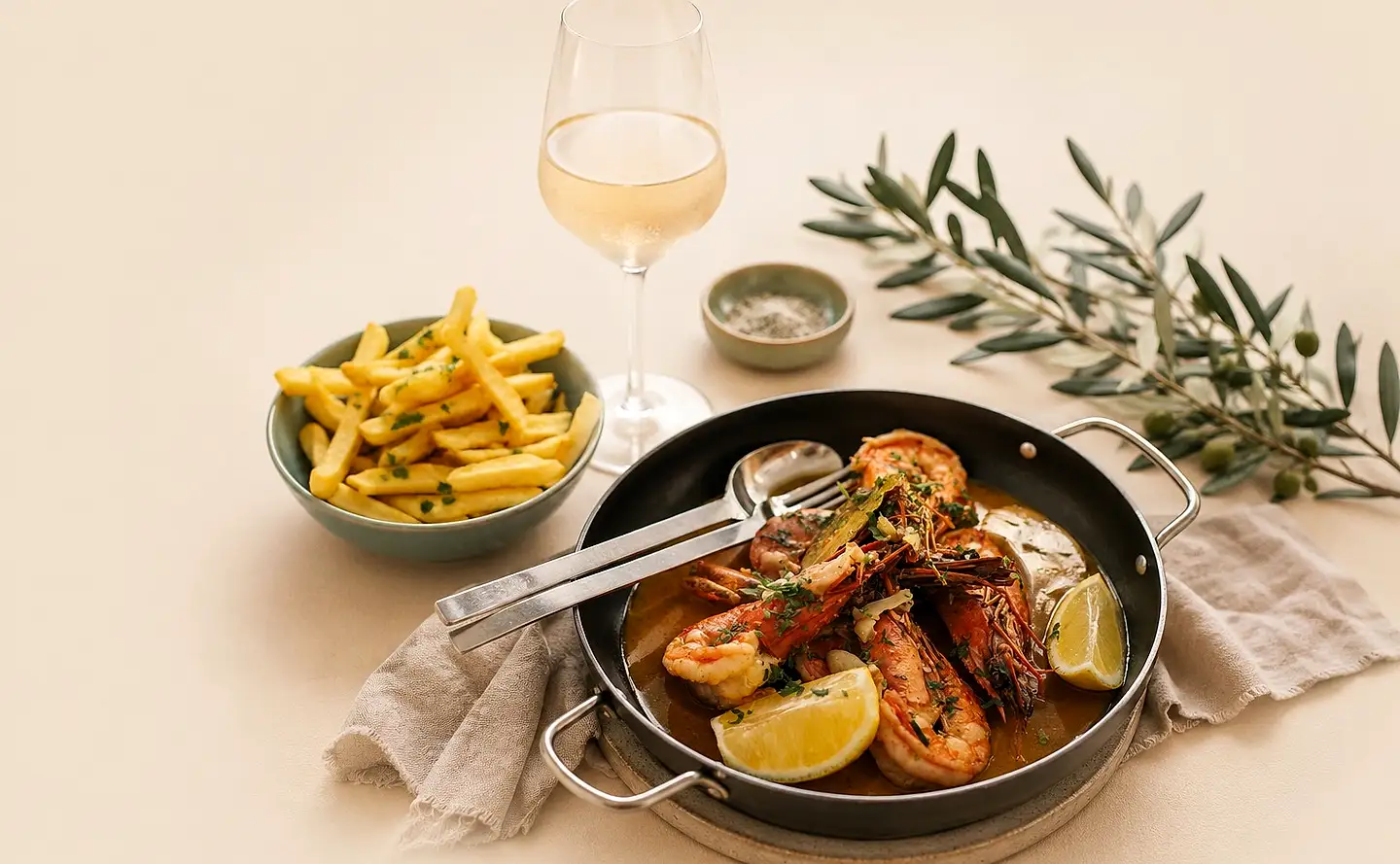 Frigideira de gambas em molho com limão, batata frita e vinho branco