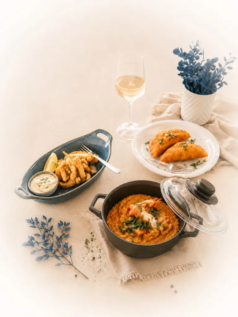 Composição de mar sobre mesa clara: chocos fritos com aioli e limão, rissóis, arroz malandrinho de marisco com gamba e vinho branco
