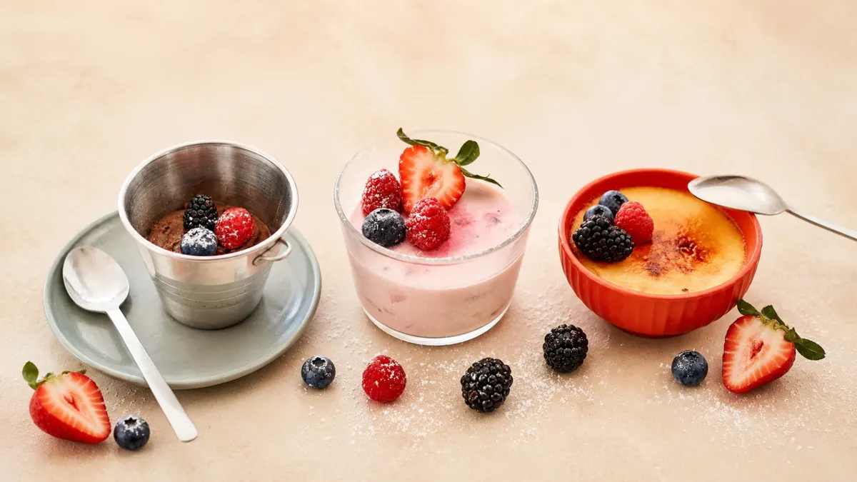 Três sobremesas da casa sobre mesa clara: mousse de chocolate em taça de metal, panna cotta de frutos silvestres e crème brûlée com frutos vermelhos